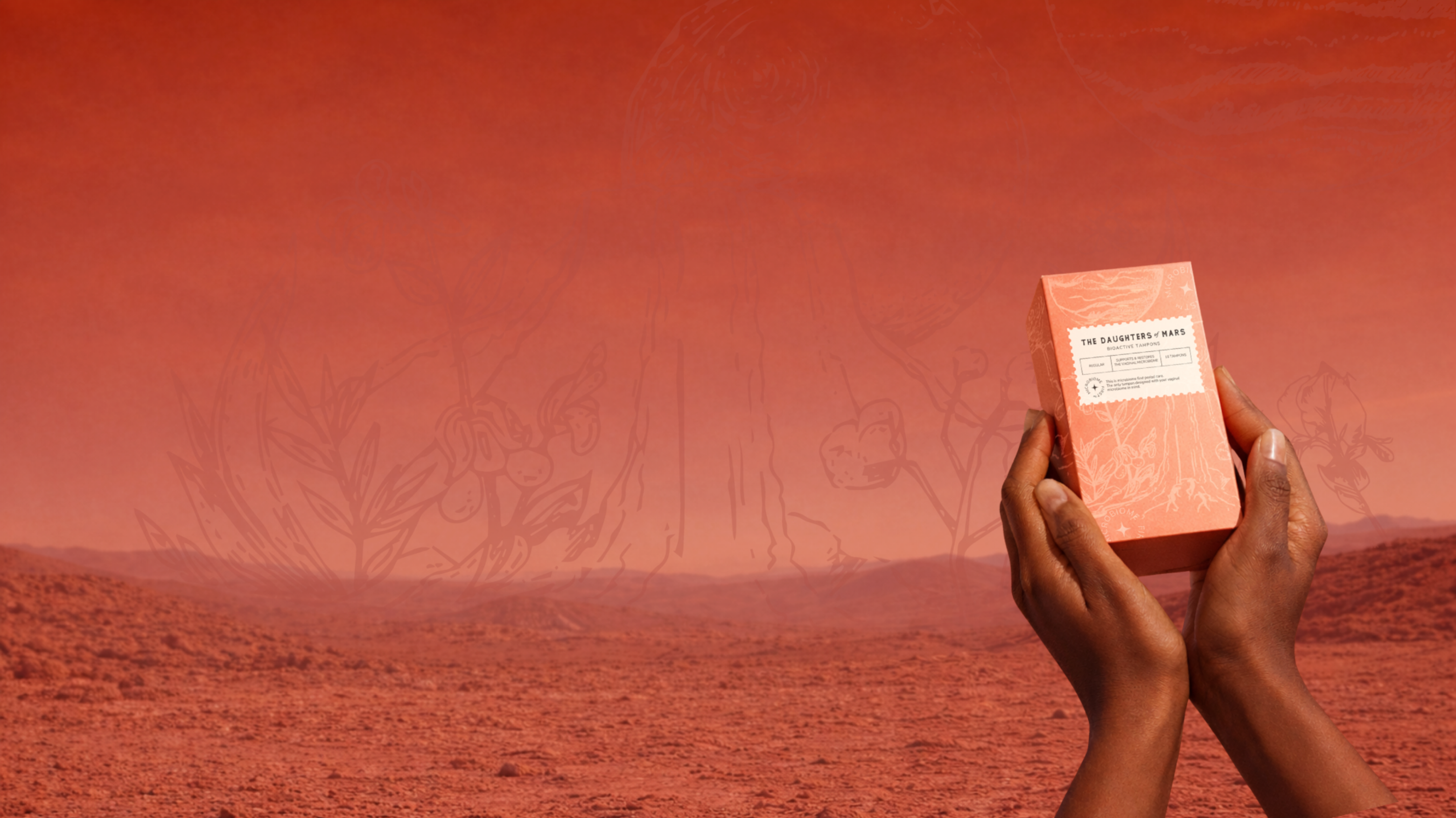 Person holding a red tampon box against a mars landscape with a reddish-brown color.